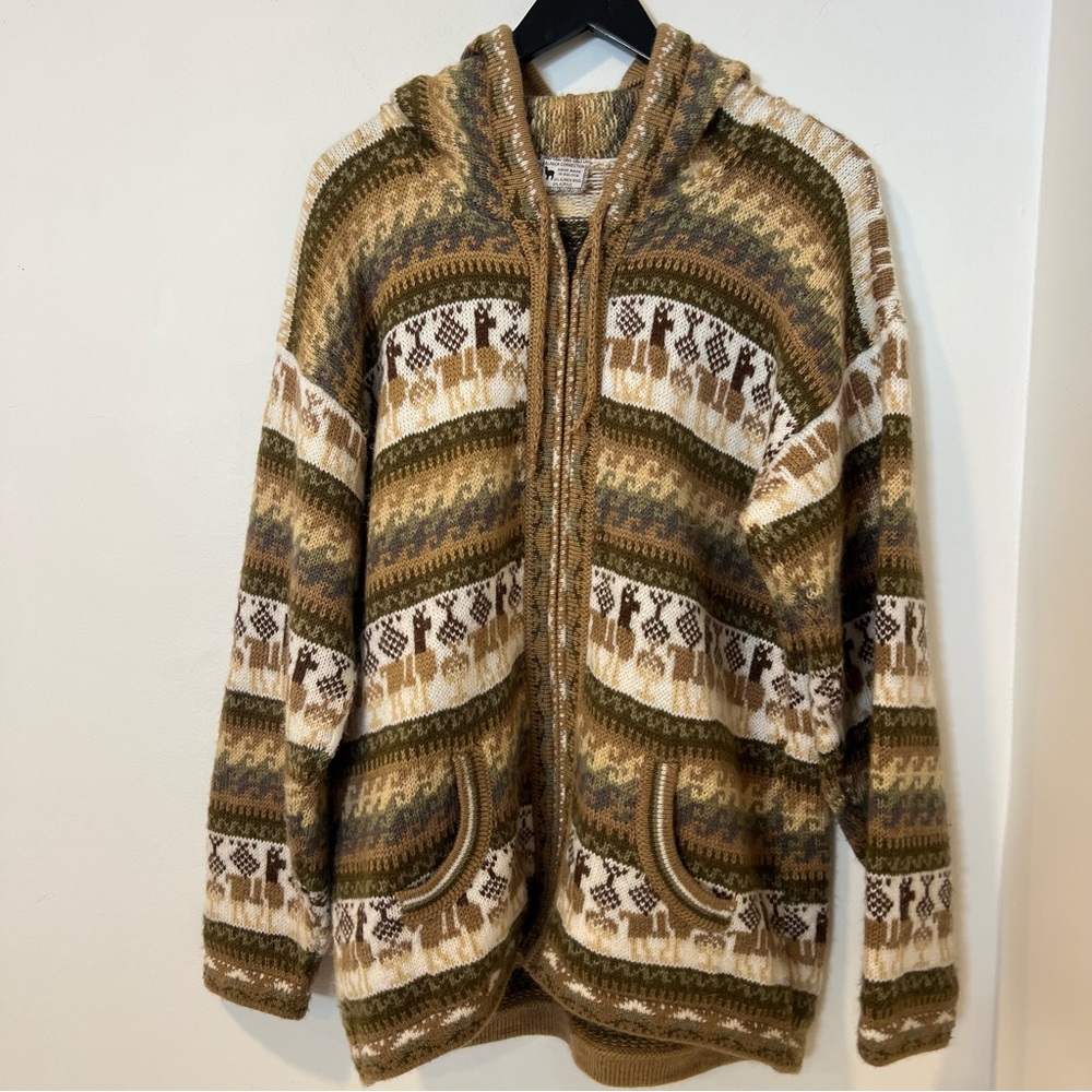 Alpaca Connection Zip Sweater Large Peruvian Alpaca Wool Green Multicolor Hooded